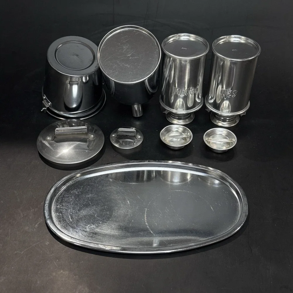 Vintage Mid Century Aluminum Kitchen Table‎ Condiment Set Made in Japan 9pc LNC